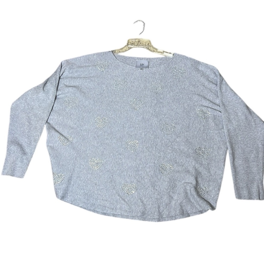 LIV Milano Gray Heart Bling Embellished Pullover Sweater